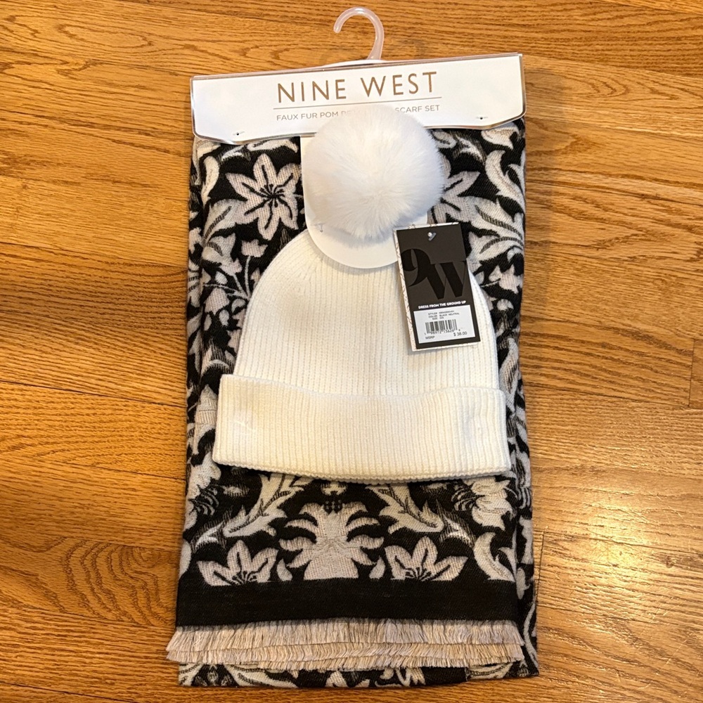 Nine West White Pom-Pom Beanie and Black Floral Scarf Set